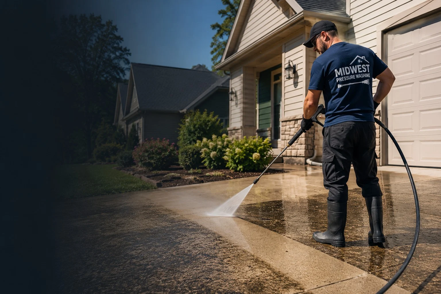 Use this uploaded image as the homepage hero.
Preserve the technician, pressure washer, visible water spray, and dark empty space on the left for the white headline.
Crop it resp